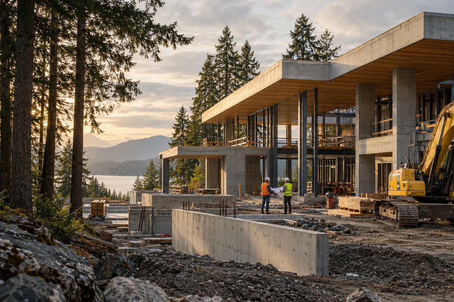 Architectural residential building under construction among trees